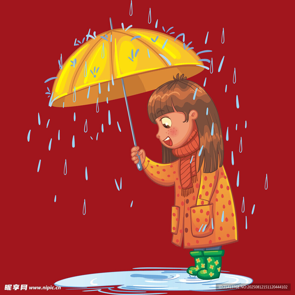雨中撑伞的小女孩