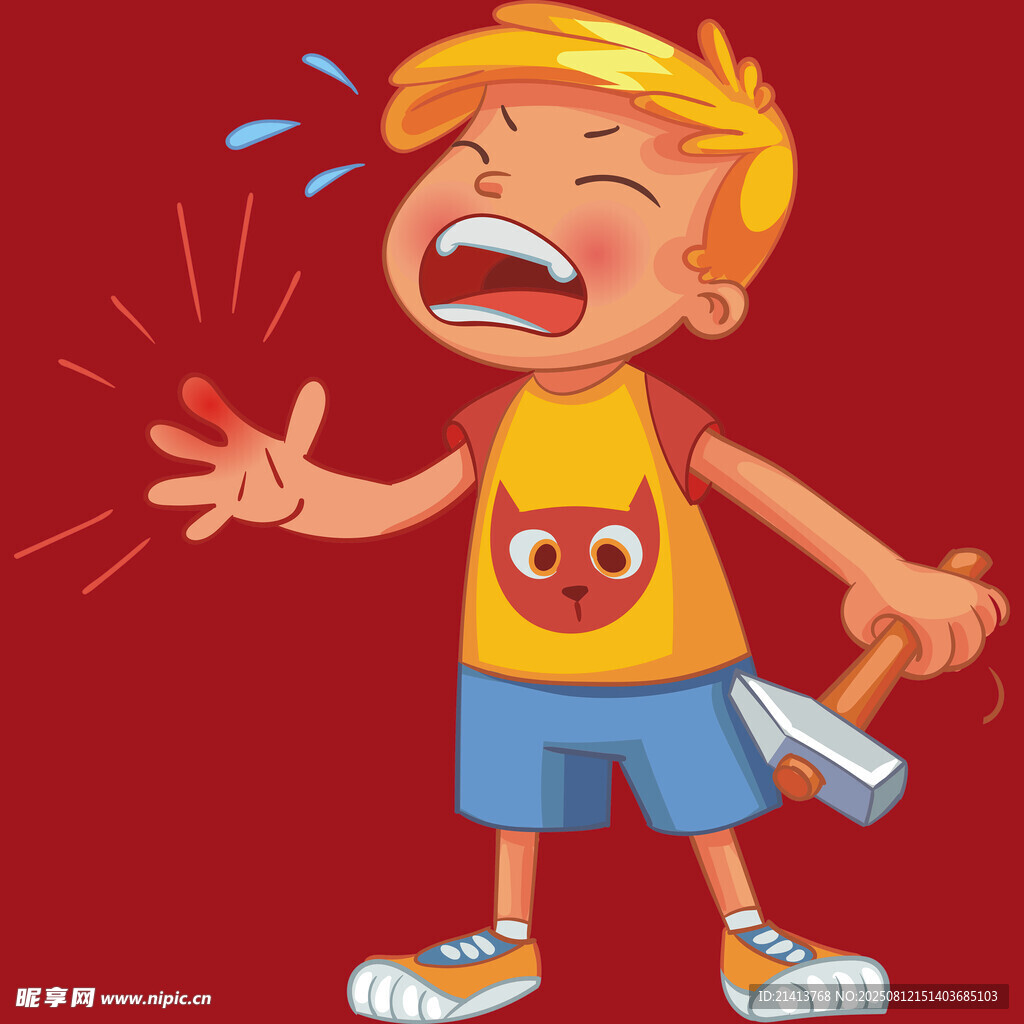 男孩手持锤子惊恐大哭