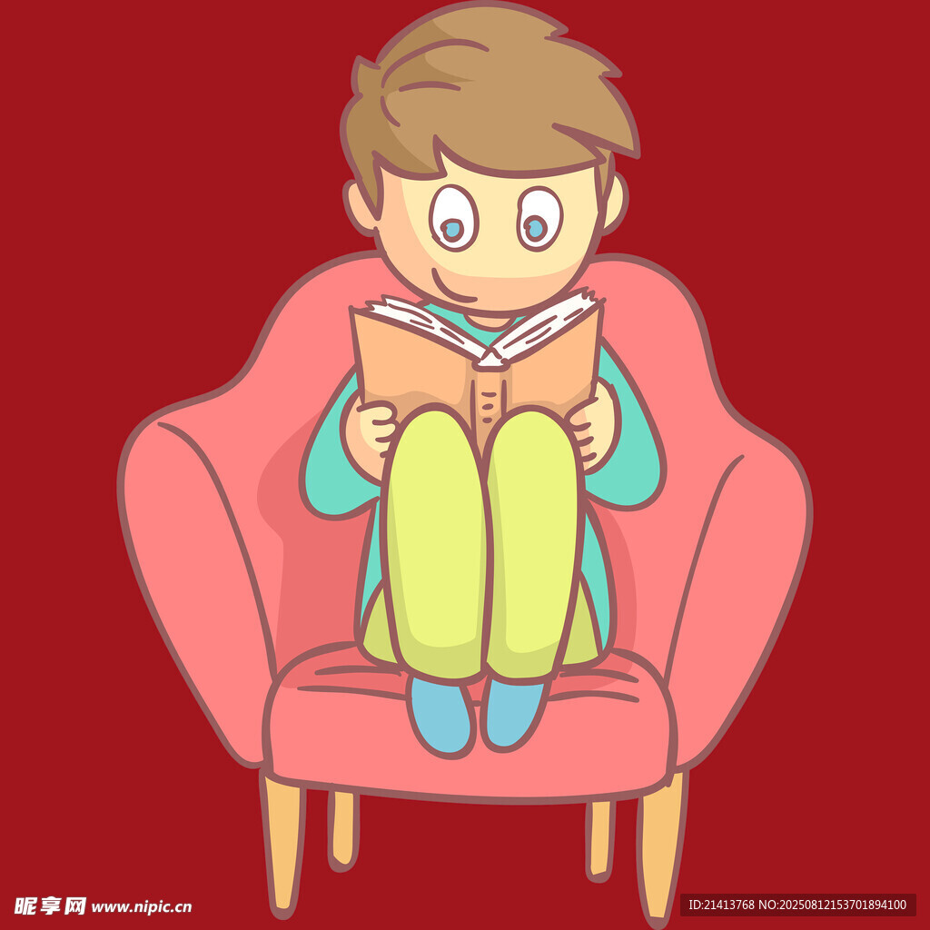 男孩惬意地在沙发上阅读
