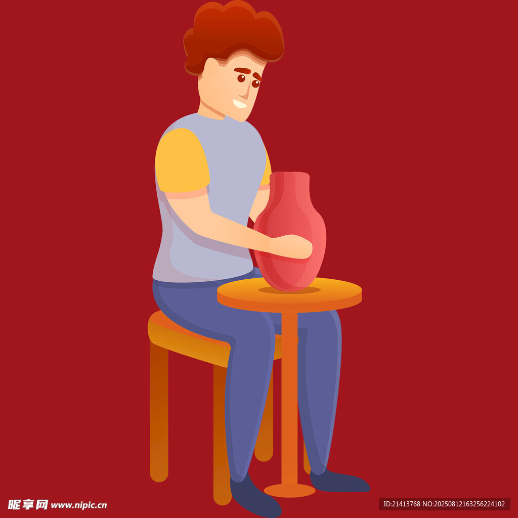 陶艺师专注制作红色陶罐