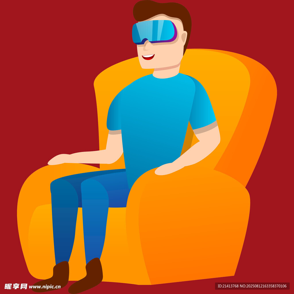 男子坐沙发戴VR眼镜体验