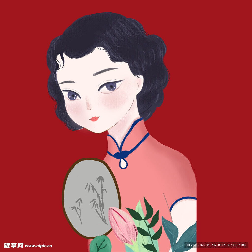 古典旗袍女子持扇赏花