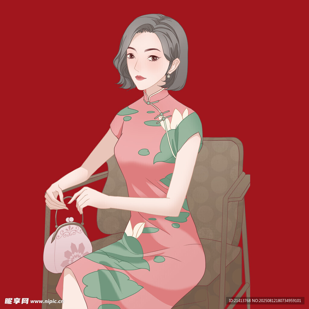 优雅旗袍女子手持精致手包