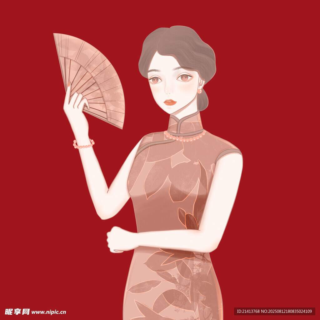 手持折扇的旗袍女子
