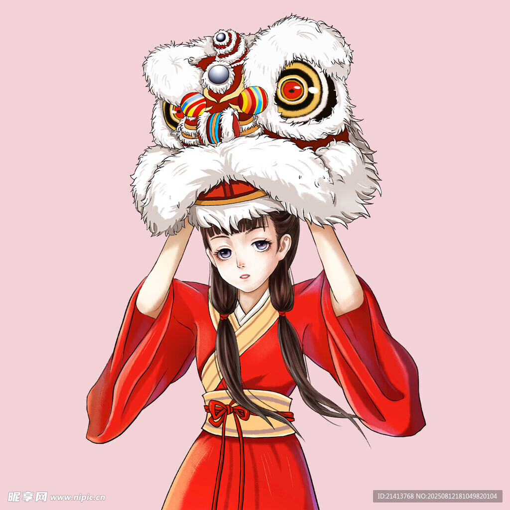 红衣女子顶戴舞狮头套