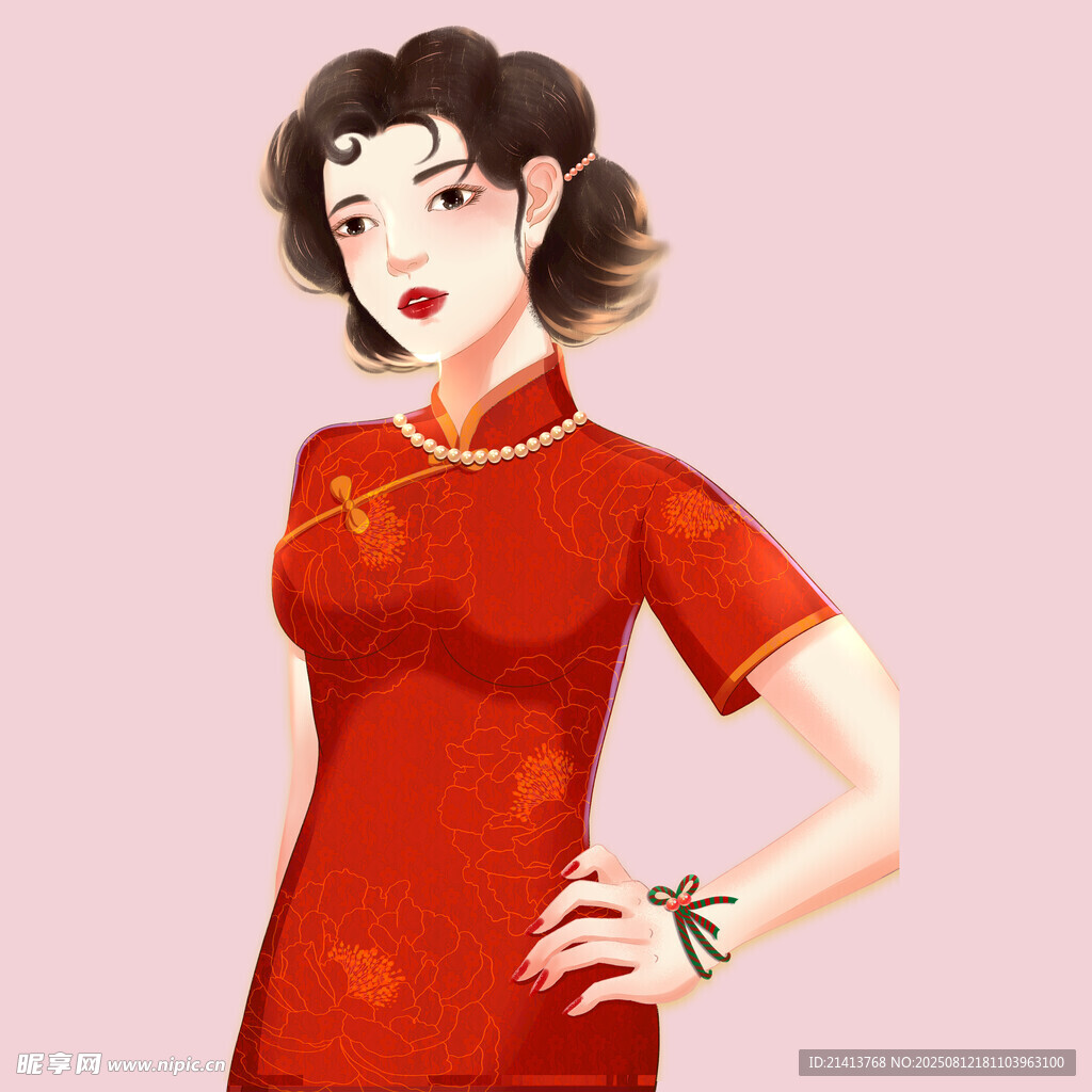 复古红衣旗袍女子形象
