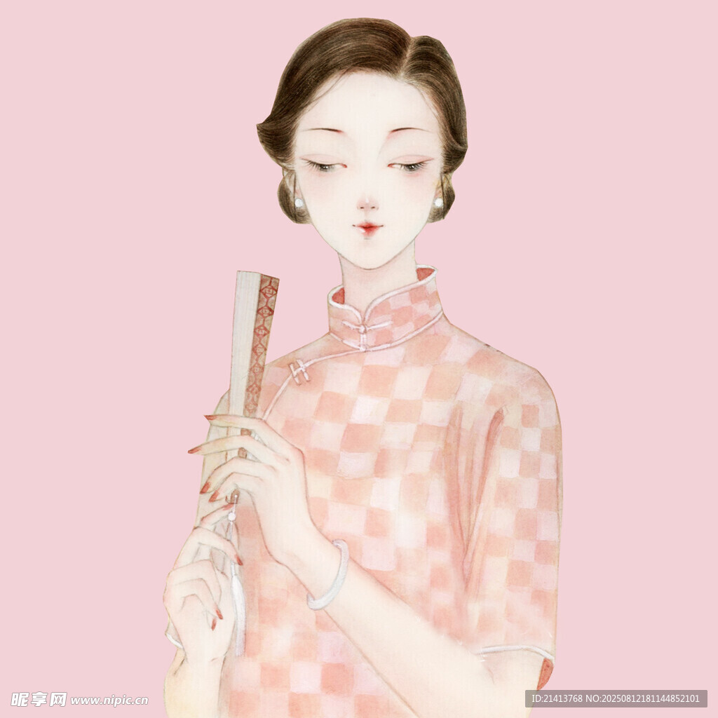 复古旗袍女子优雅持扇