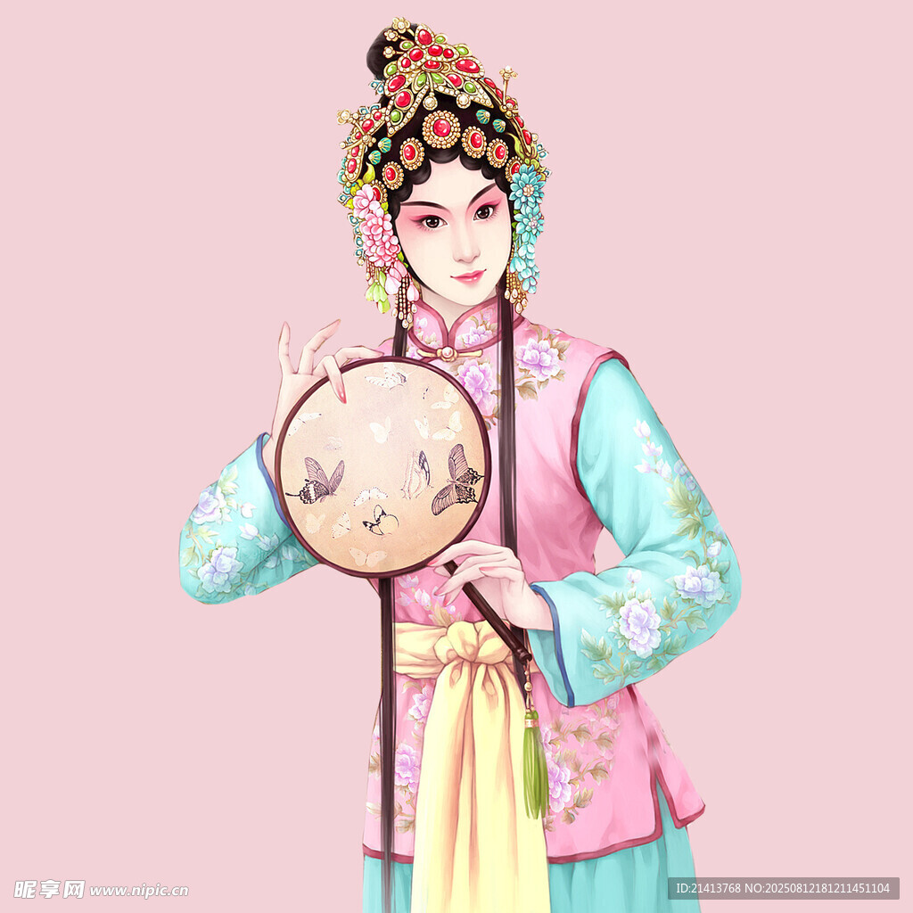 古典戏曲扮相女子持圆扇