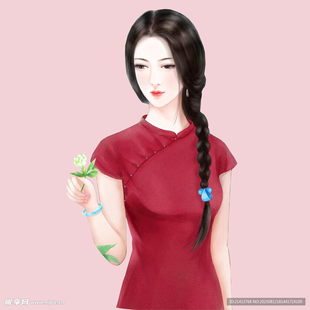 旗袍女子手持绿植