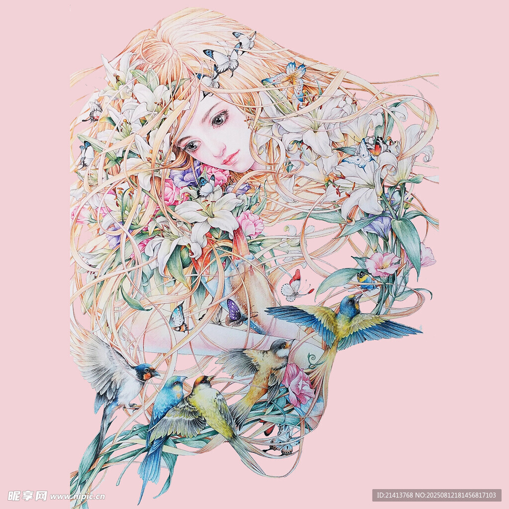 梦幻花卉环绕的女性形象