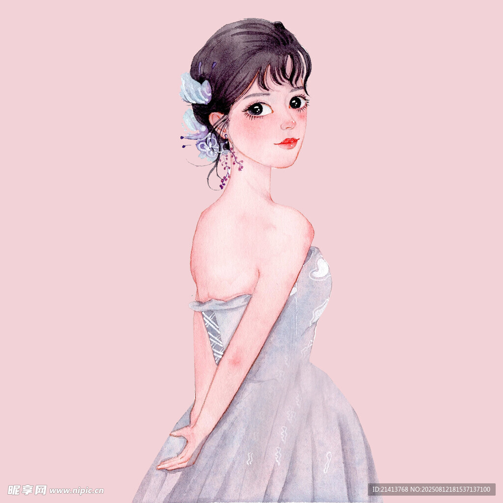 优雅转身的淡蓝裙少女