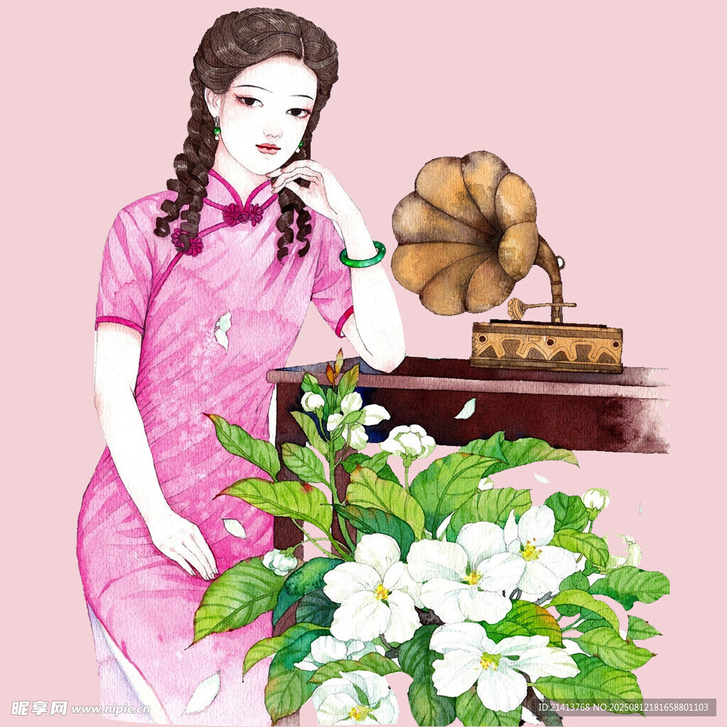 旗袍女子与复古留声机