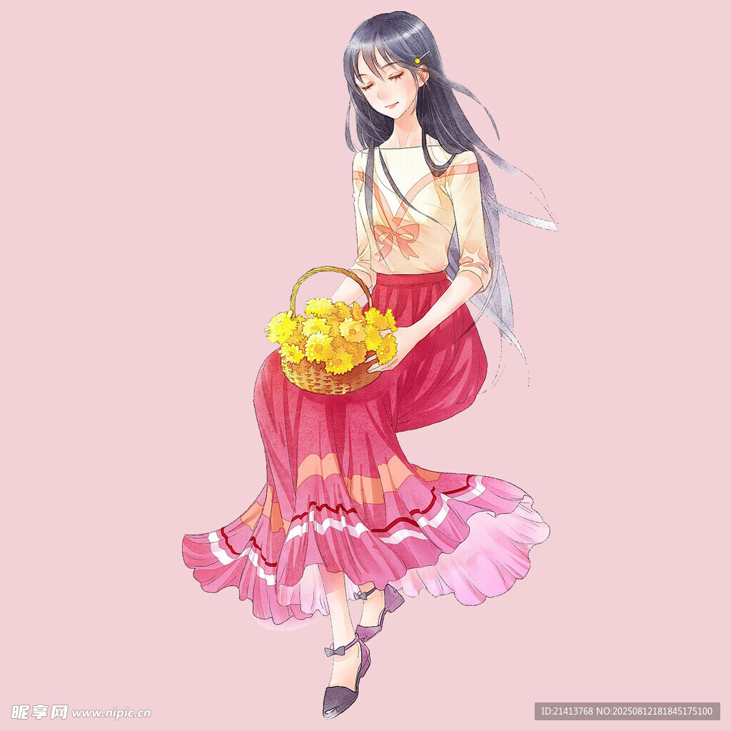 持篮红衣少女优雅坐姿