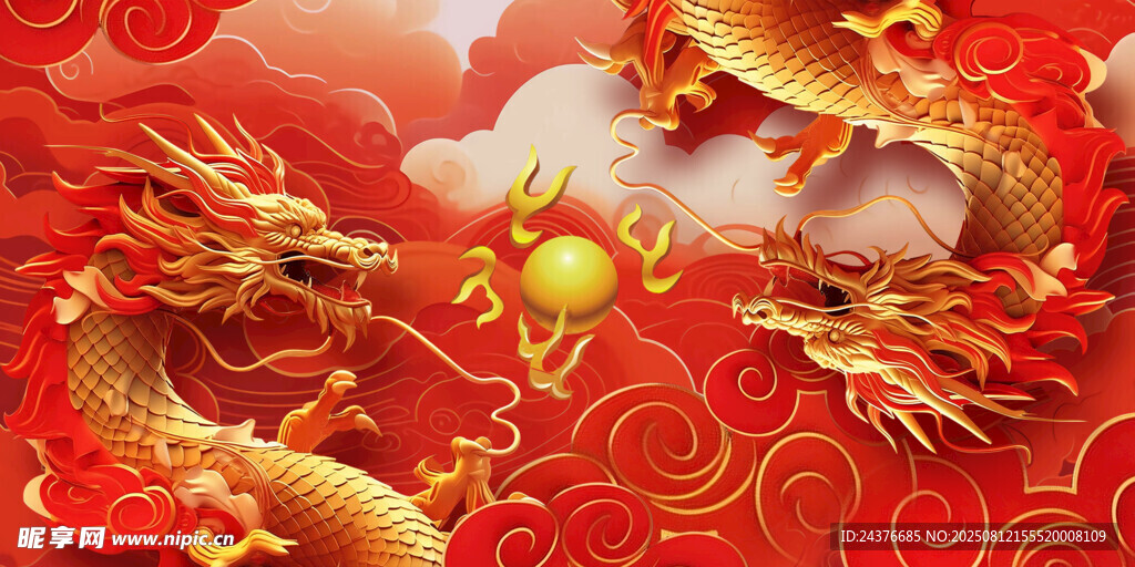 双龙戏珠喜庆红色图案