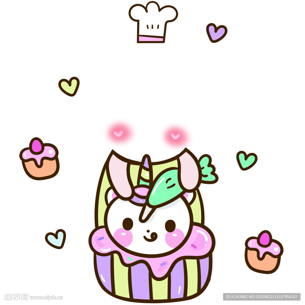 可爱独角兽纸杯蛋糕插画