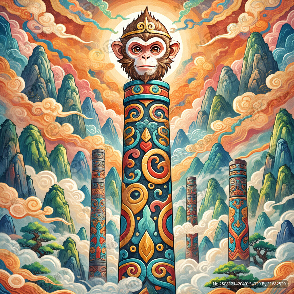 猴图腾 部落 图腾柱 插画