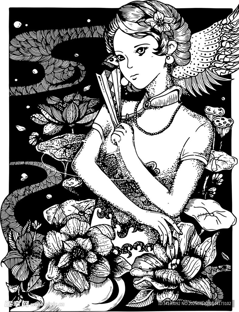天使少女与繁花的梦幻图景