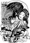 古风奇幻少女与凤凰黑白木刻插画