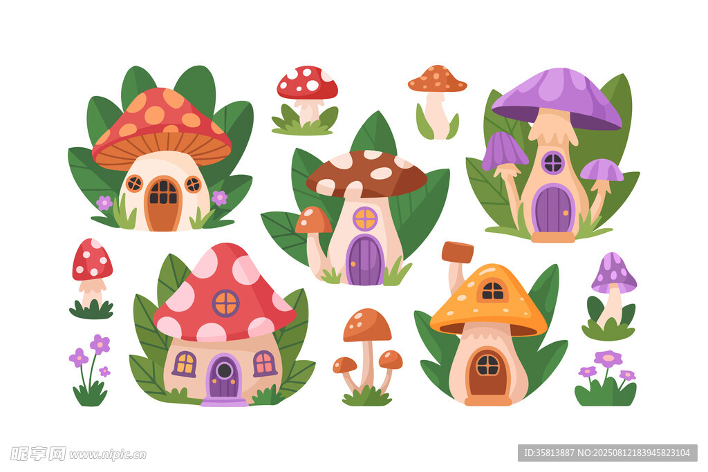 卡通蘑菇小屋插画