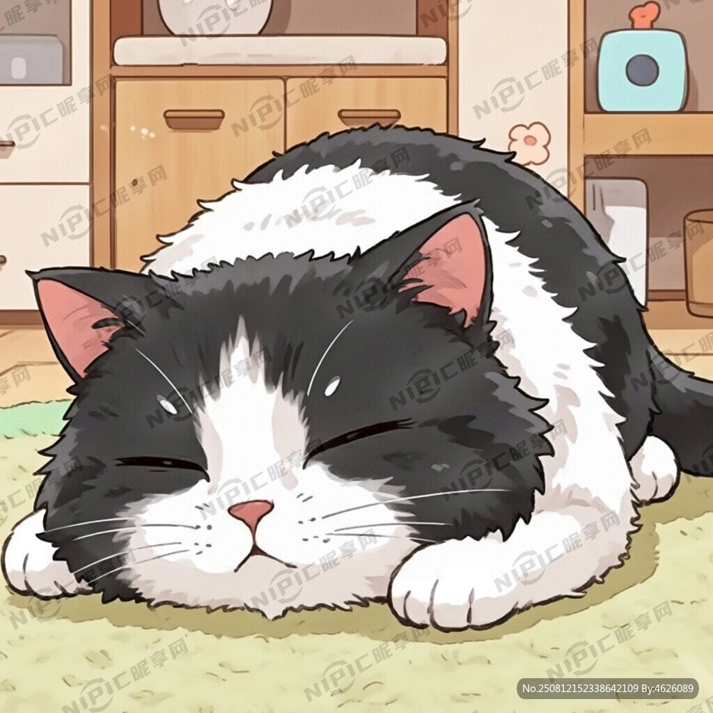 一只黑白毛茸茸 正在睡觉的猫咪
