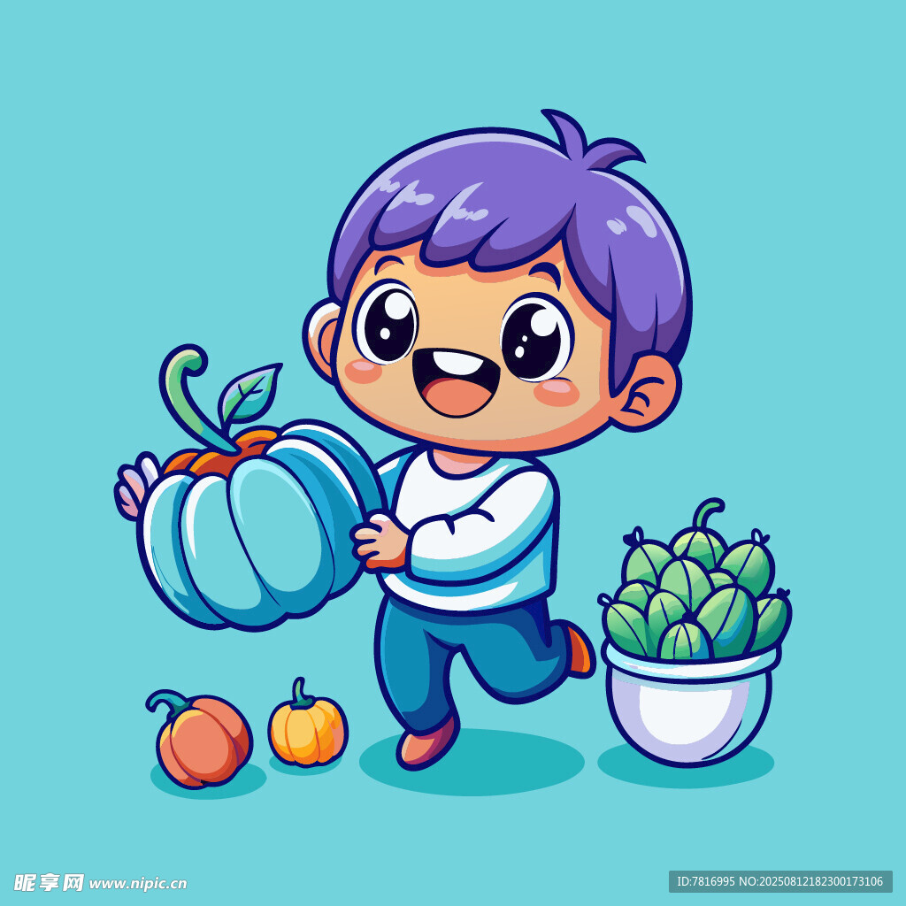 小男孩浇花与果蔬