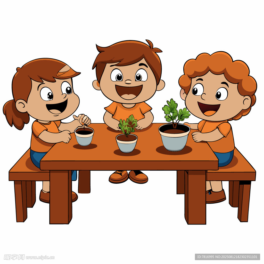 孩子们桌边开心种植盆栽