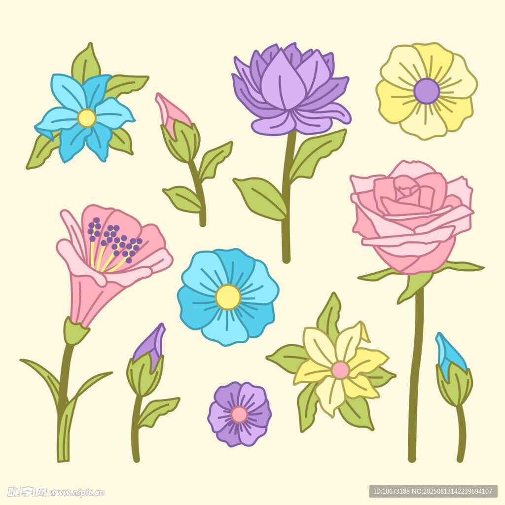 手绘多彩花卉植物插画
