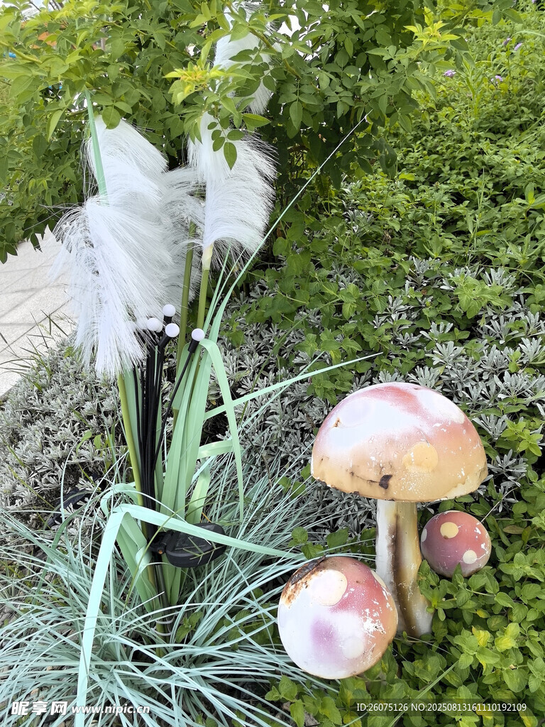 花园中的蘑菇雕塑与绿植景观