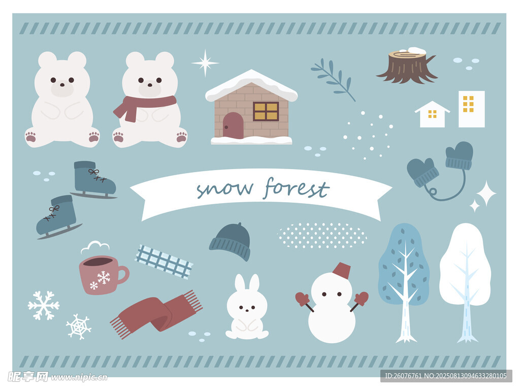 冬日动物雪景温馨插画