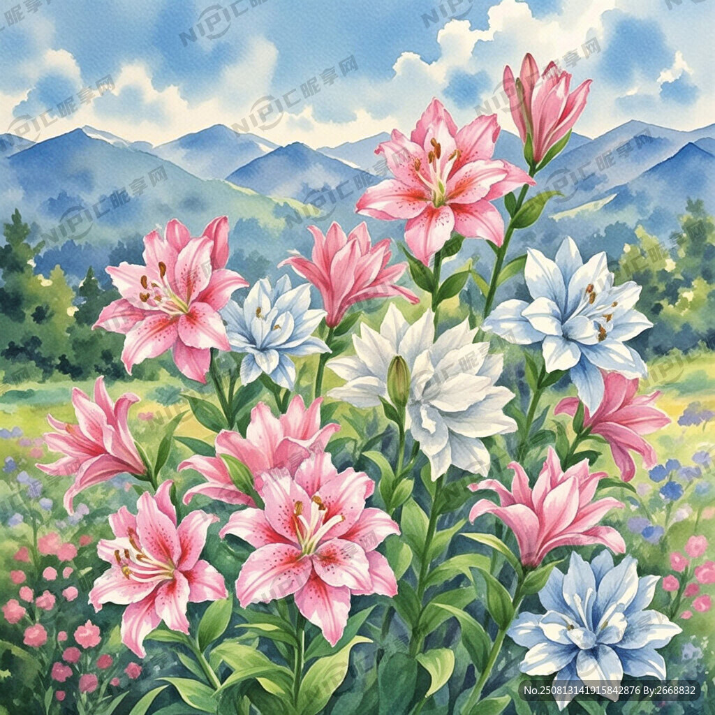 水彩画 粉色、白色石蒜花束