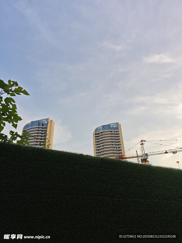 城市远景中的高楼与绿植