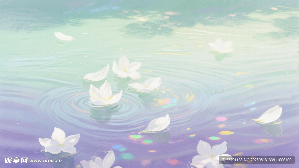 梦幻水面漂浮的白色花朵