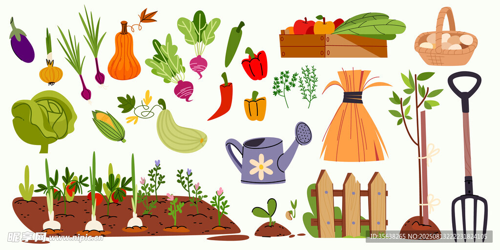 园艺工具与蔬菜插画