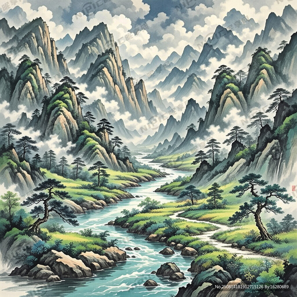 山谷 中国风 中国画 山水