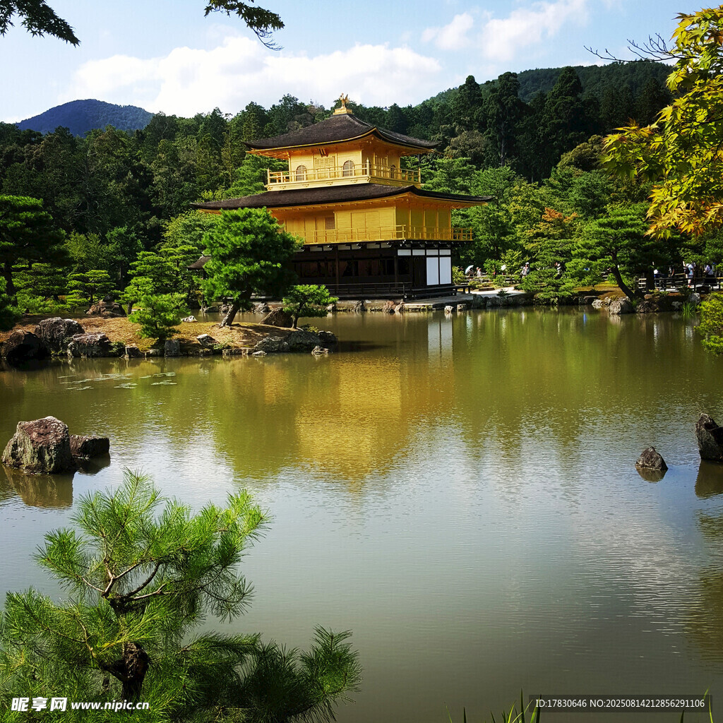 日本金阁寺的湖景风光