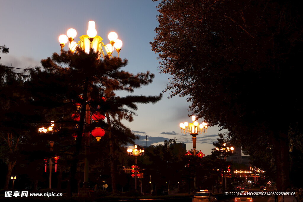 城市夜景中的璀璨路灯