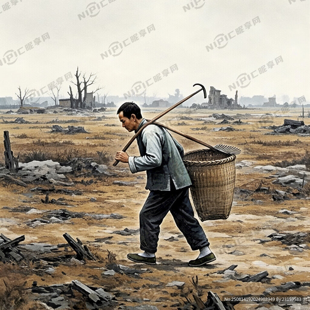 民国时期 拾粪农民、手拿粪箕