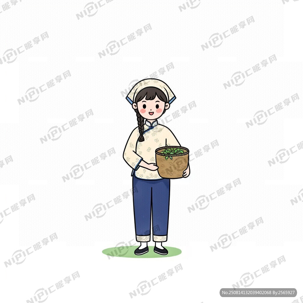 卡通正面全身采茶姑娘 没有背景