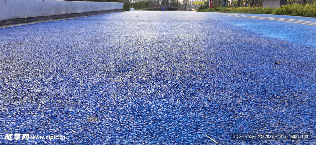 阳光下泛光的蓝色路面