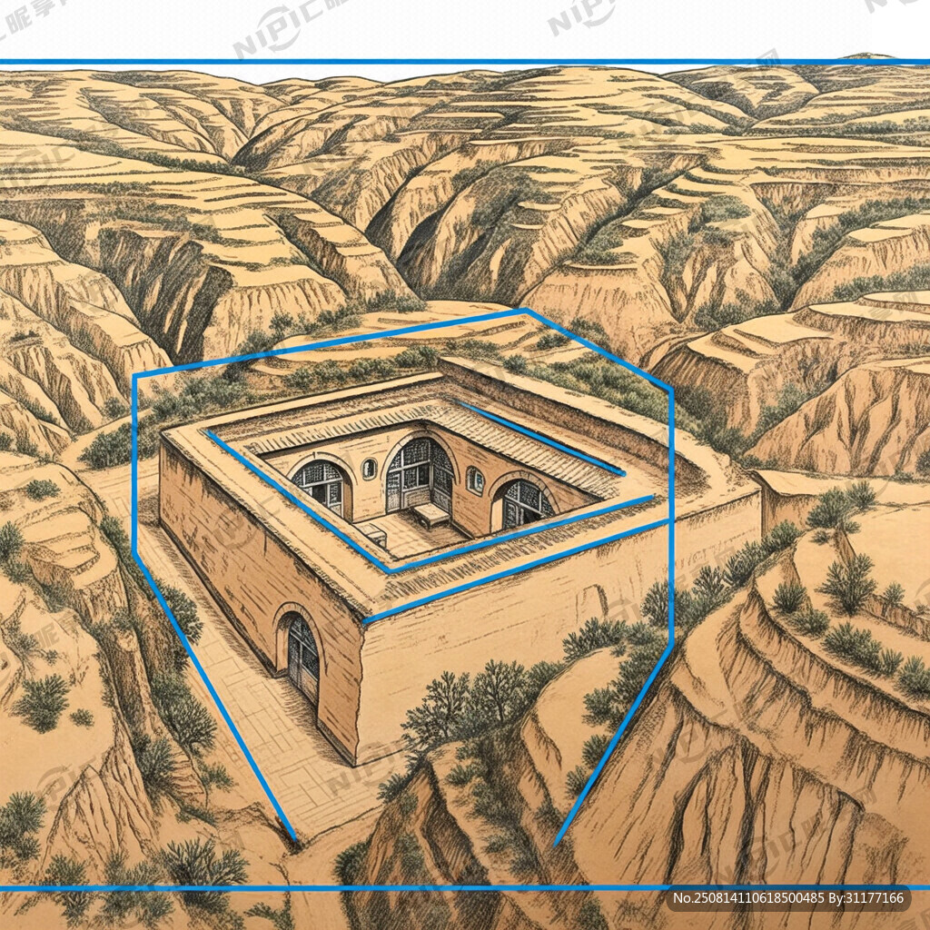 陕北黄土高原窑洞 线稿画  