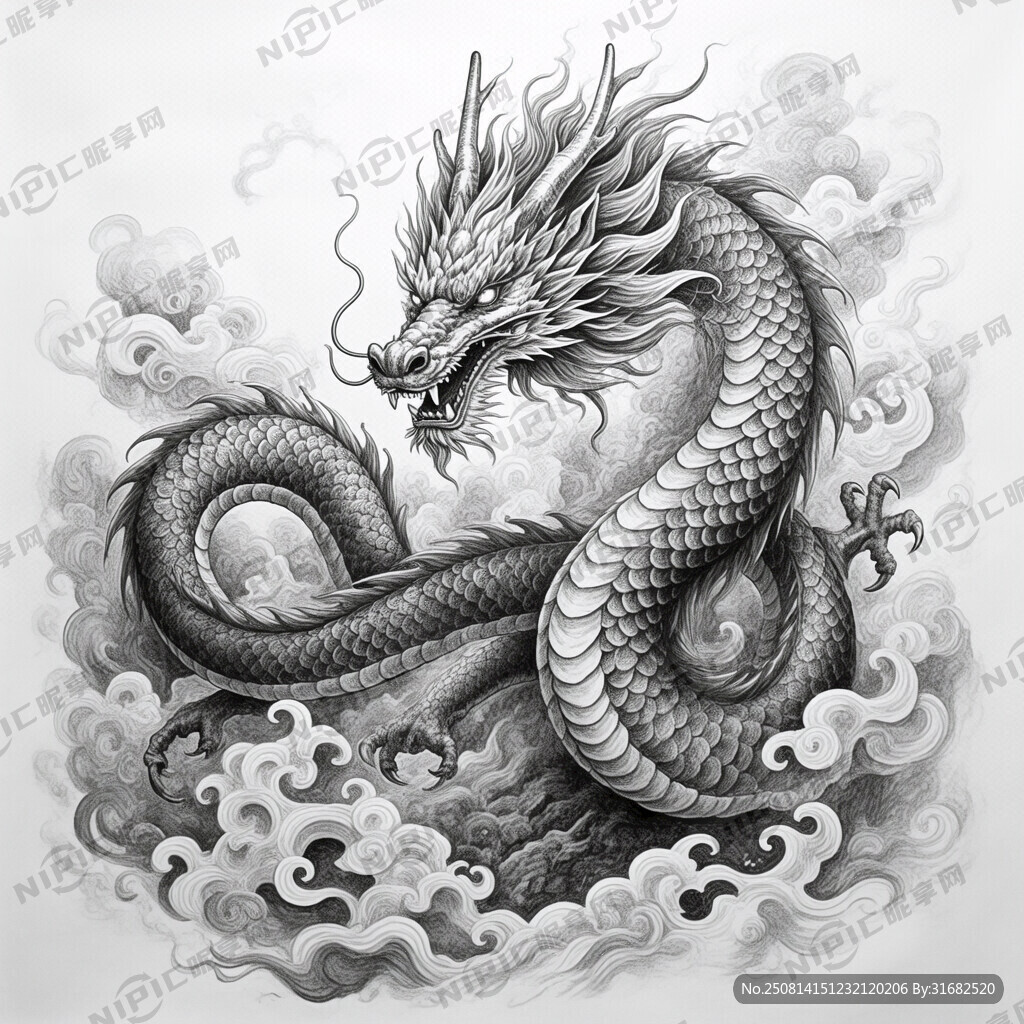 手绘 素描 中国龙 插画