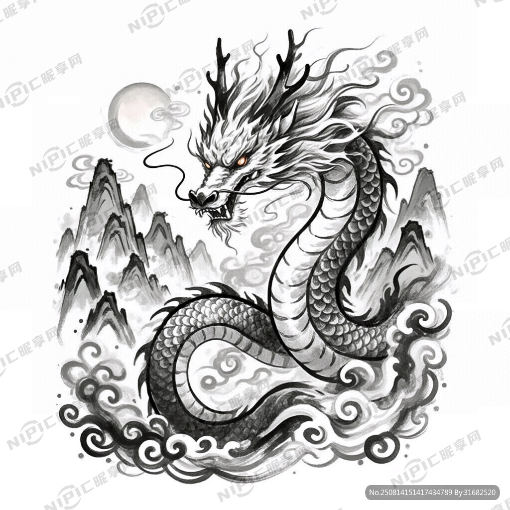 手绘 素描 中国龙 插画