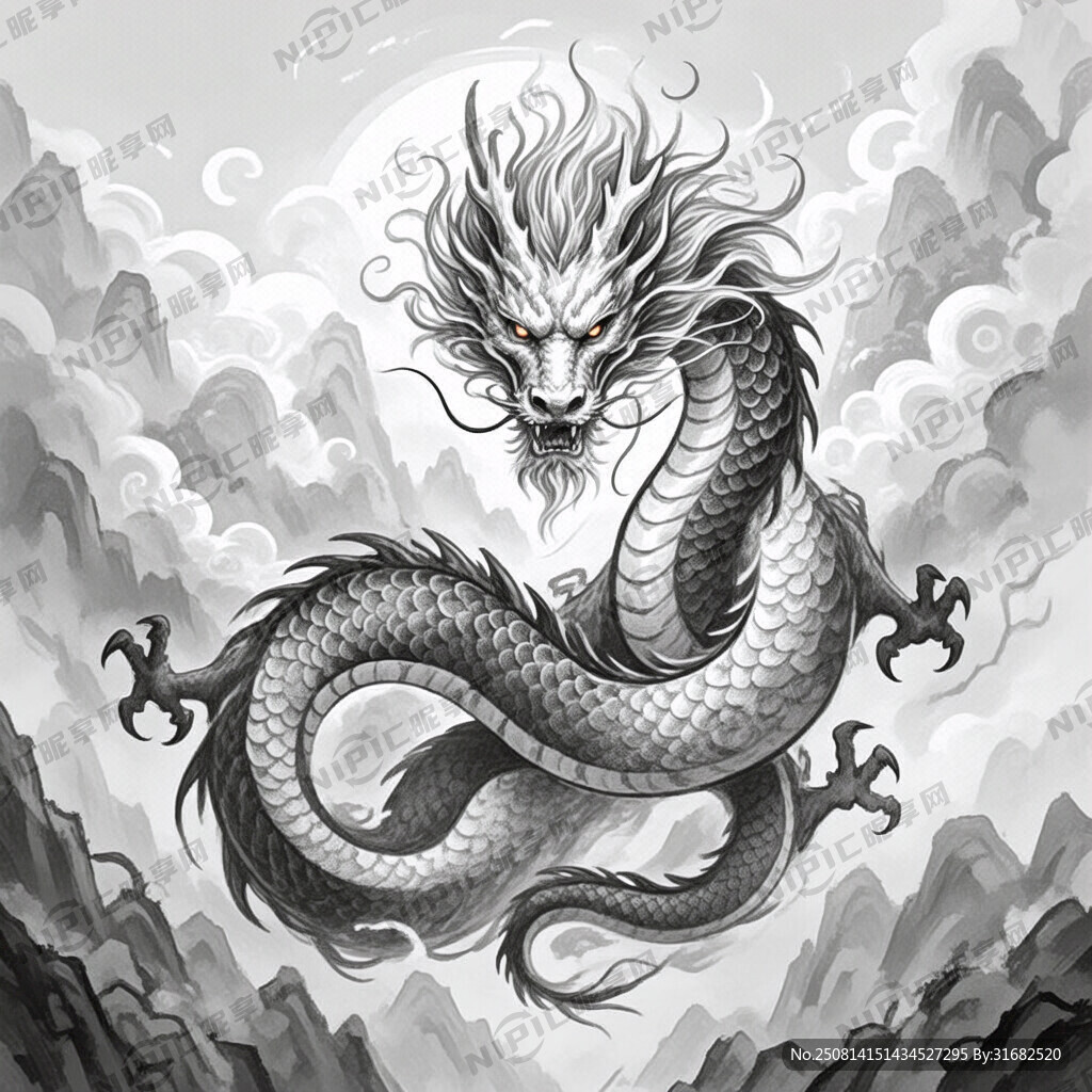 手绘 素描 中国龙 插画