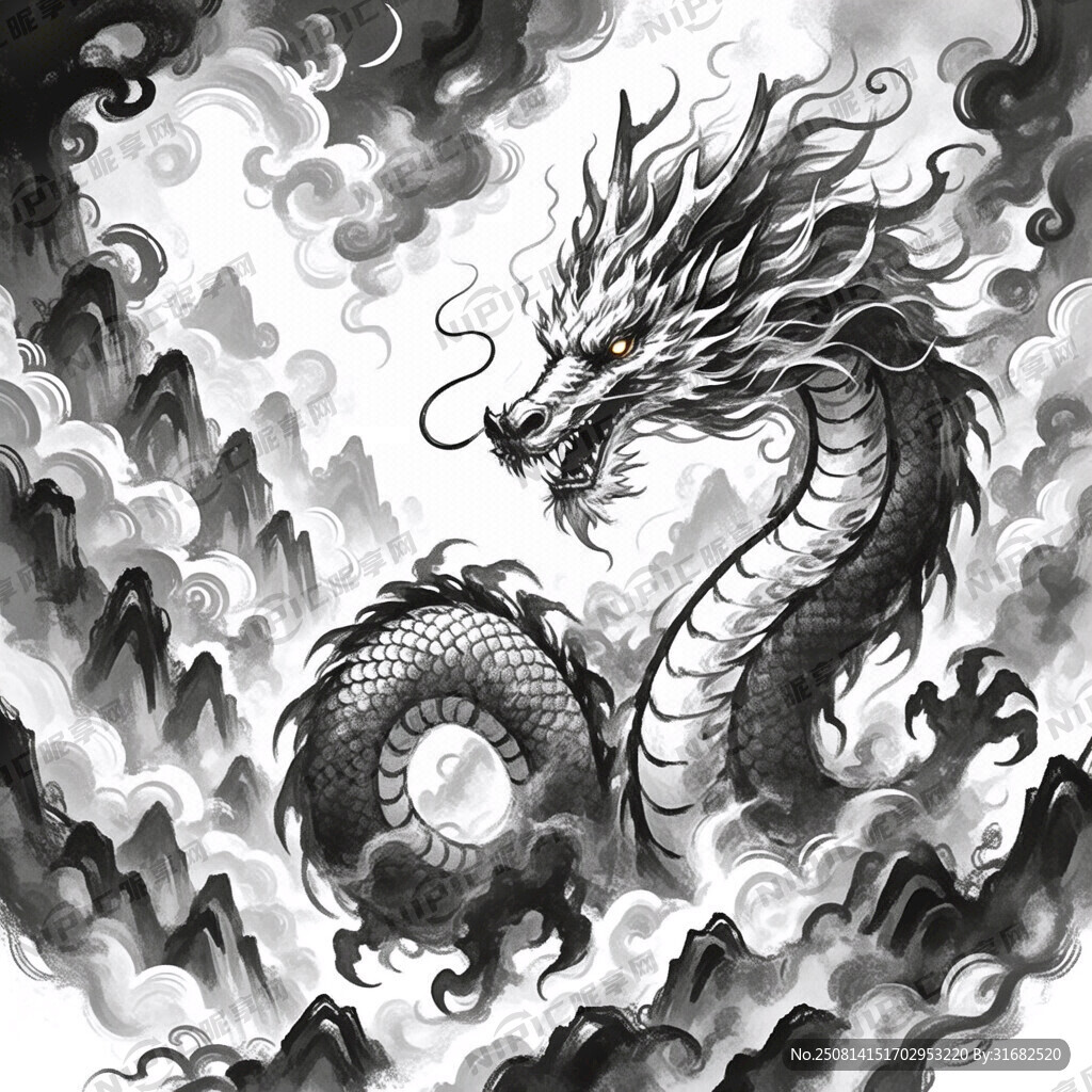 手绘 素描 中国龙 插画