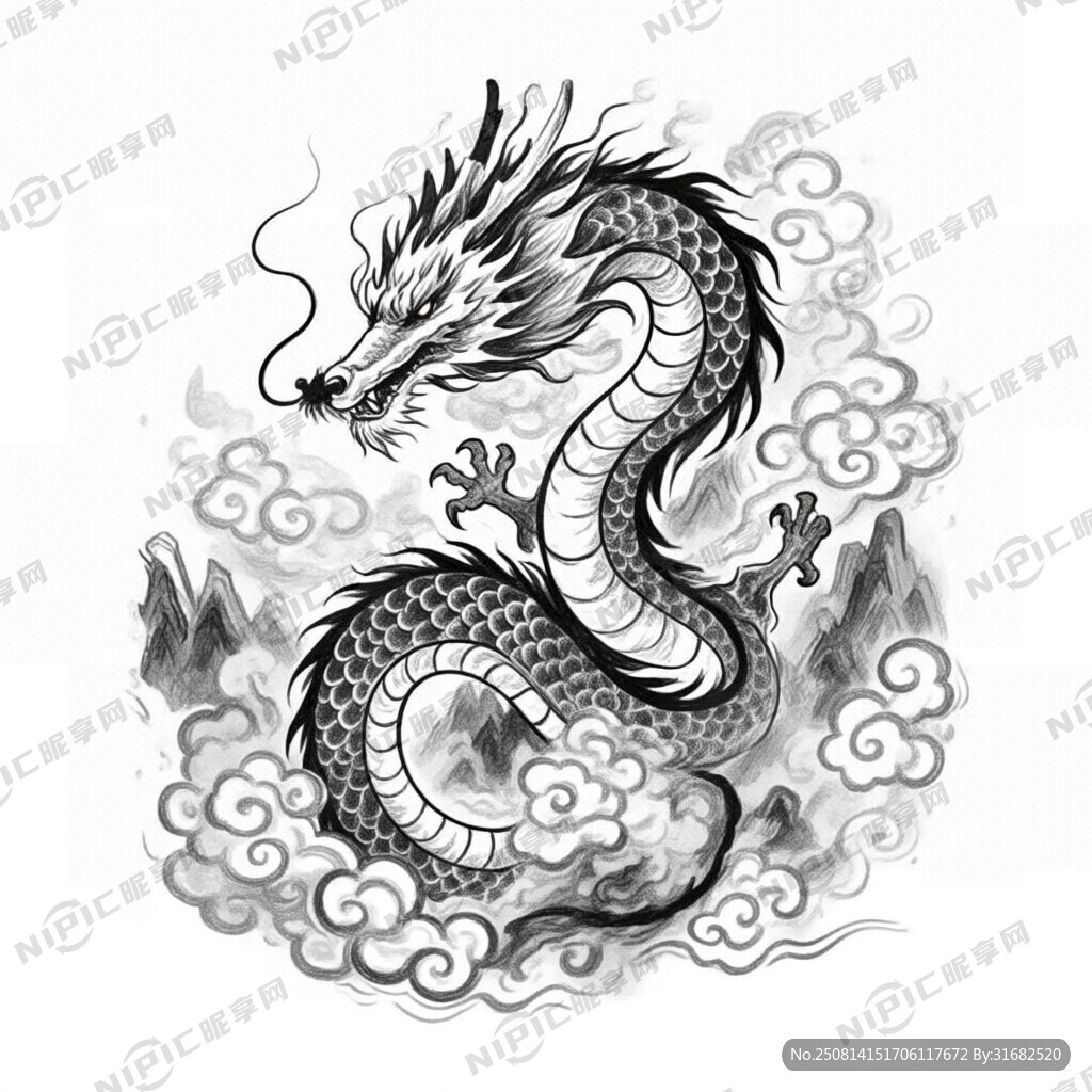 手绘 素描 中国龙 插画