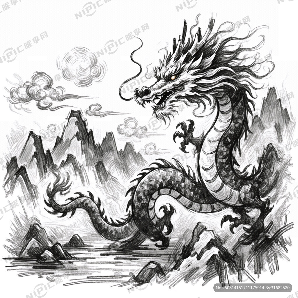 手绘 素描 中国龙 插画