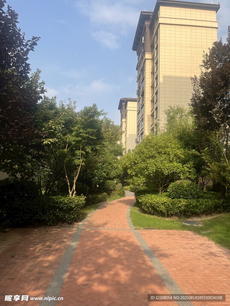 小区内的林荫红砖步道