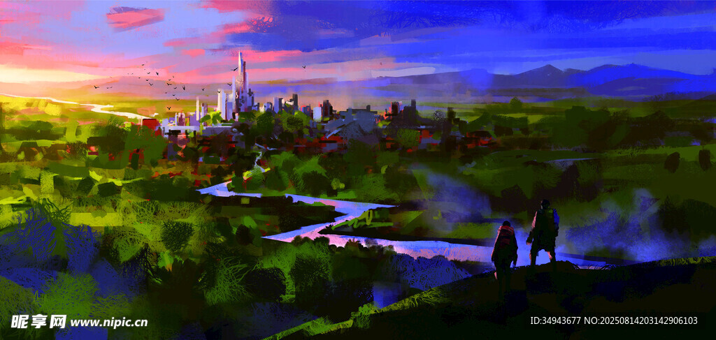 梦幻夕阳下的河畔美景