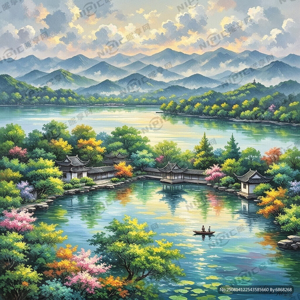 展现出杭州西湖十景油画