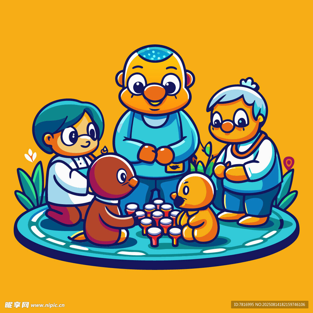 老人孩童欢乐下棋场景